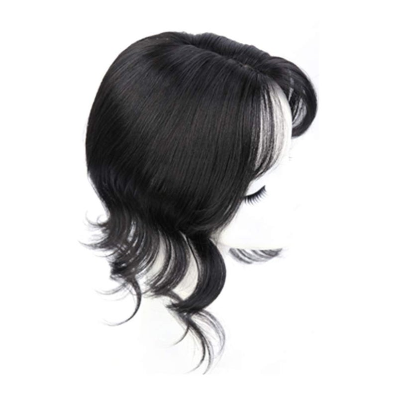 LesafeV Middle Part Fringe Skin Base Topper 14" French Wavy Style Clip in Hairpiece for Women Forehead Thinning Hair Off Black - Image 2